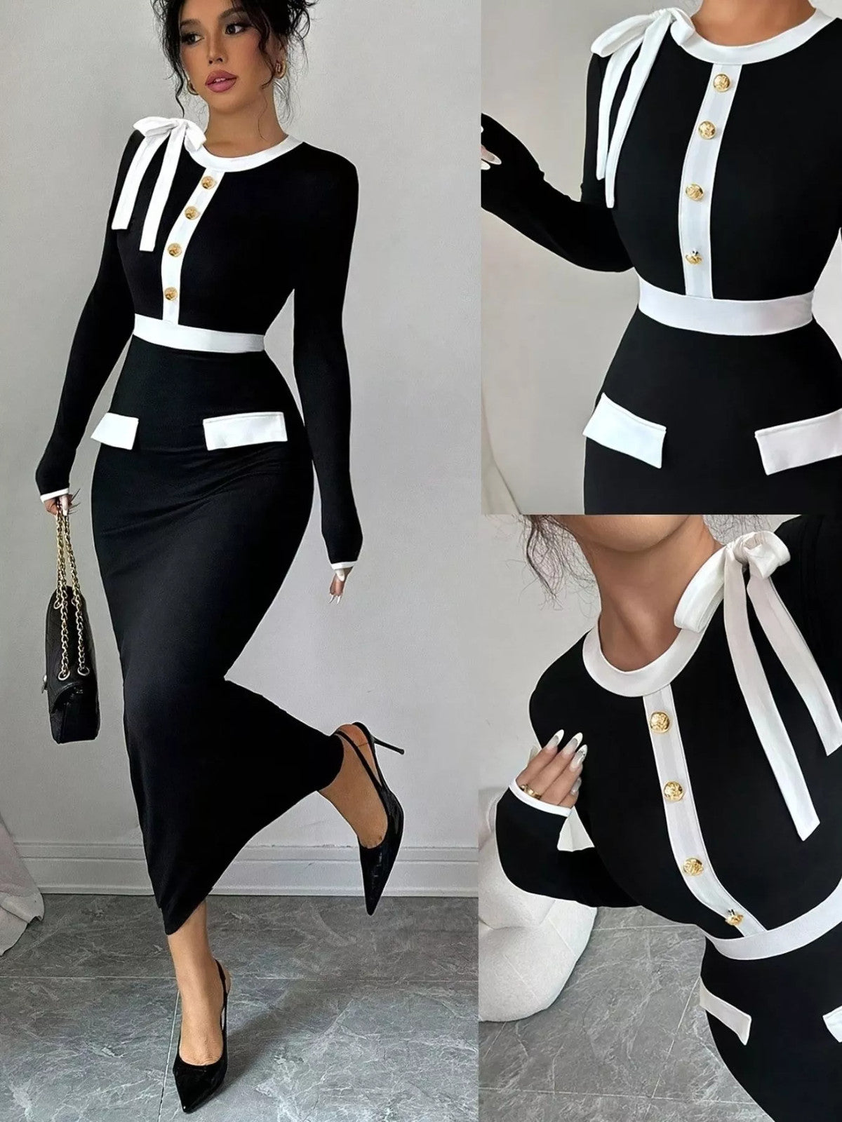 ️ Abito Lungo a Maniche Lunghe con Profili a Contrasto