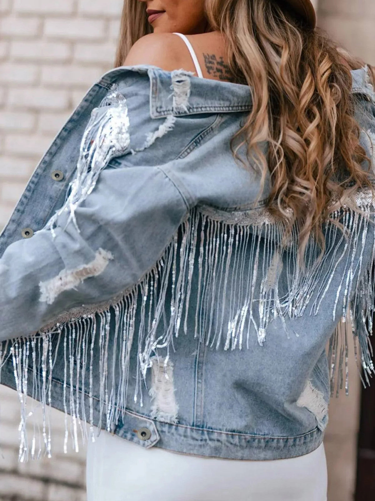 Giacca di Jeans con Frange e Paillettes