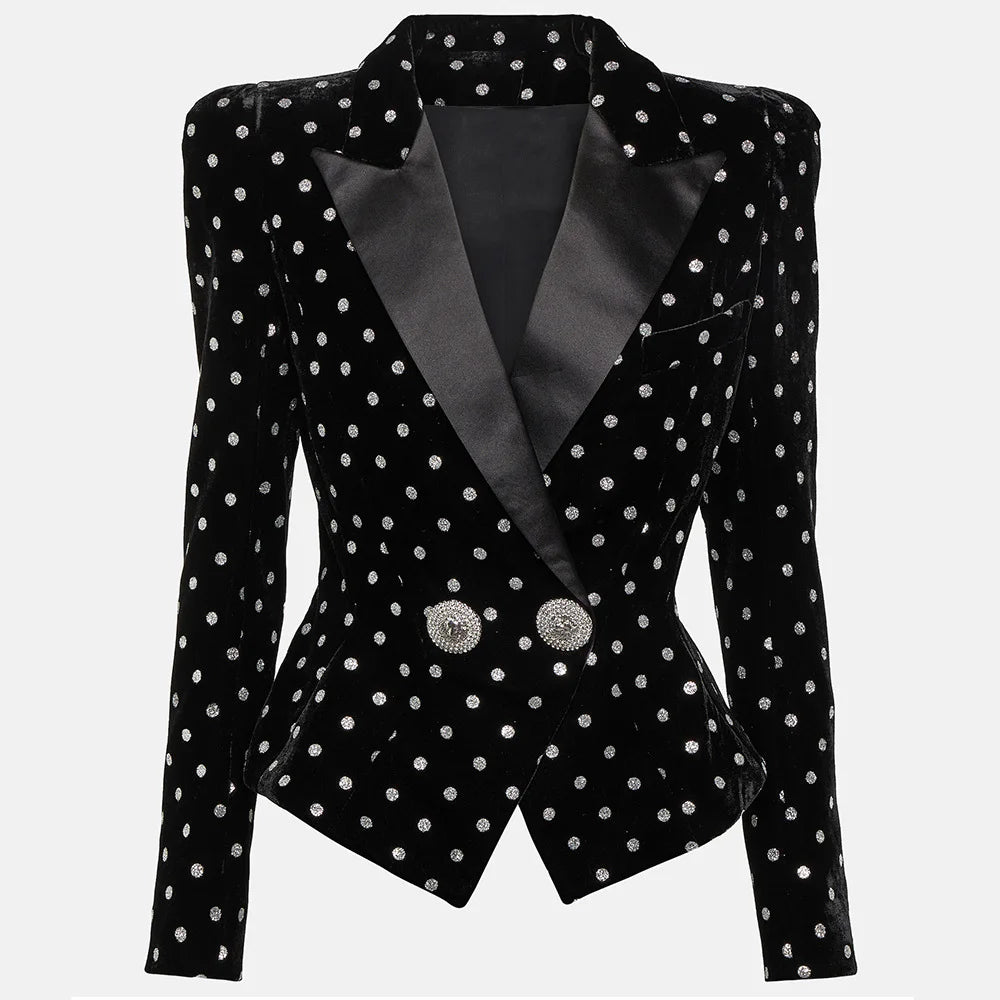 🌸 Blazer nero elegante da donna a pois bianchi con maniche lunghe