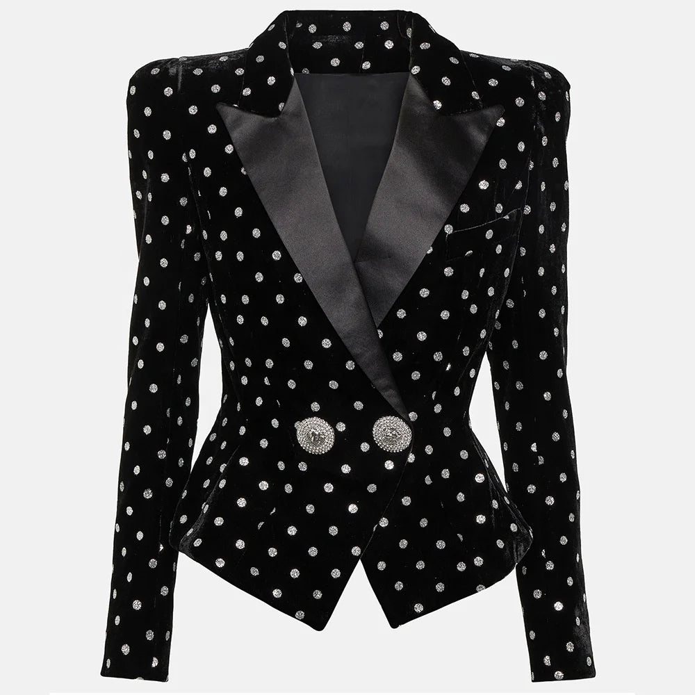 🌸 Blazer nero elegante da donna a pois bianchi con maniche lunghe