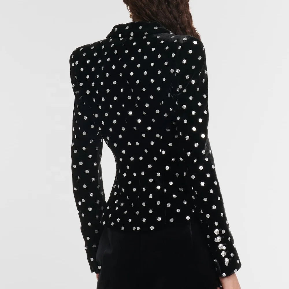 🌸 Blazer nero elegante da donna a pois bianchi con maniche lunghe