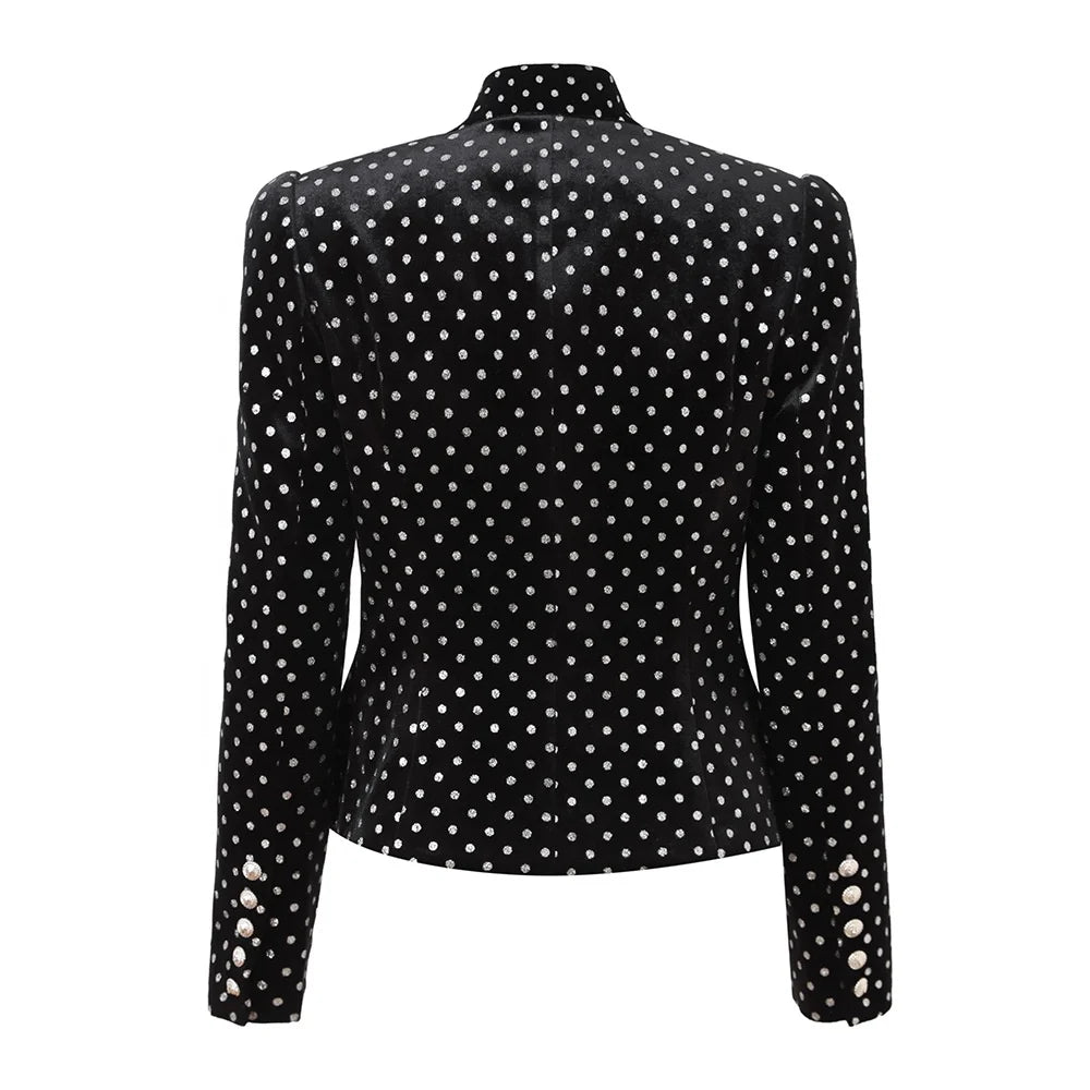 🌸 Blazer nero elegante da donna a pois bianchi con maniche lunghe