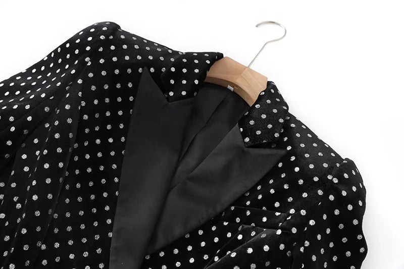 🌸 Blazer nero elegante da donna a pois bianchi con maniche lunghe