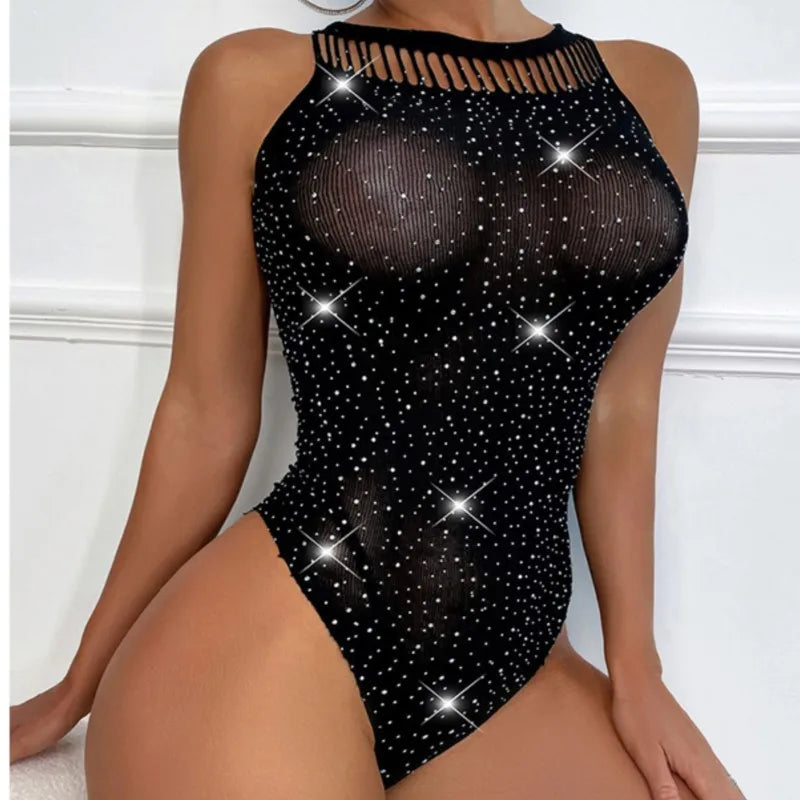 🌸 Body a rete nero con strass scintillanti – Lingerie sexy trasparente