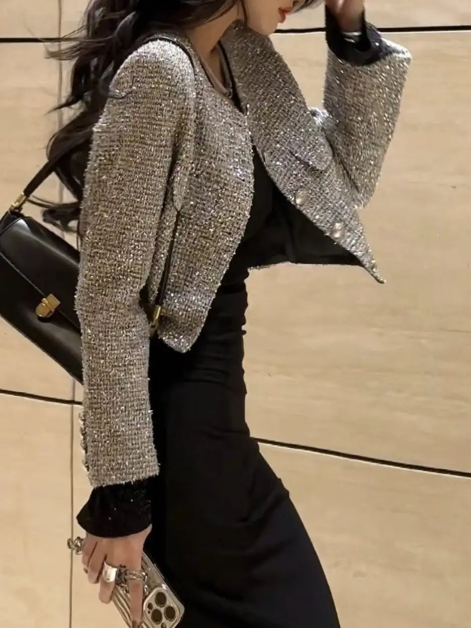 🌸 Blazer Corto Bouclé da Donna con Perline e Dettagli Glitter