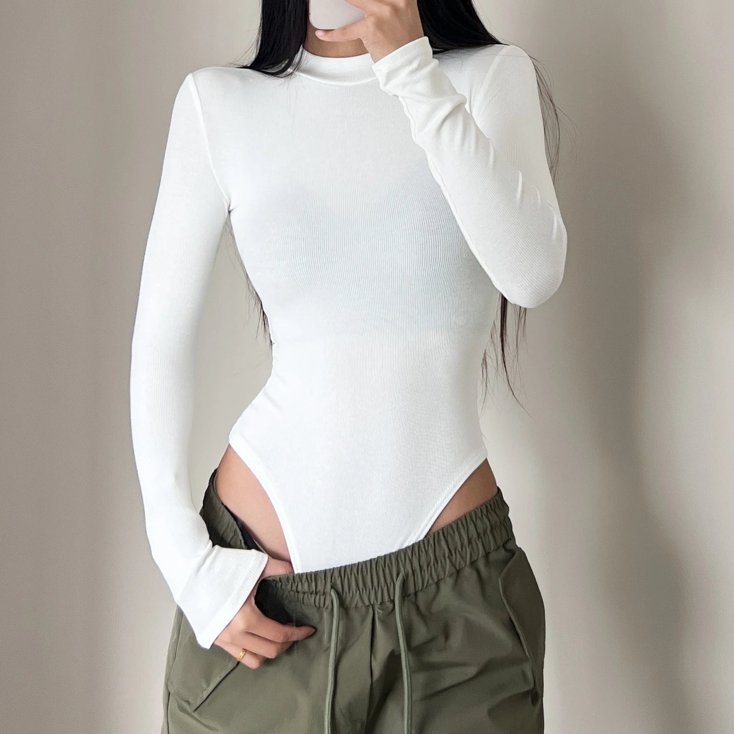 🌸 Body a maniche lunghe a costine con colletto tondo in pile da donna