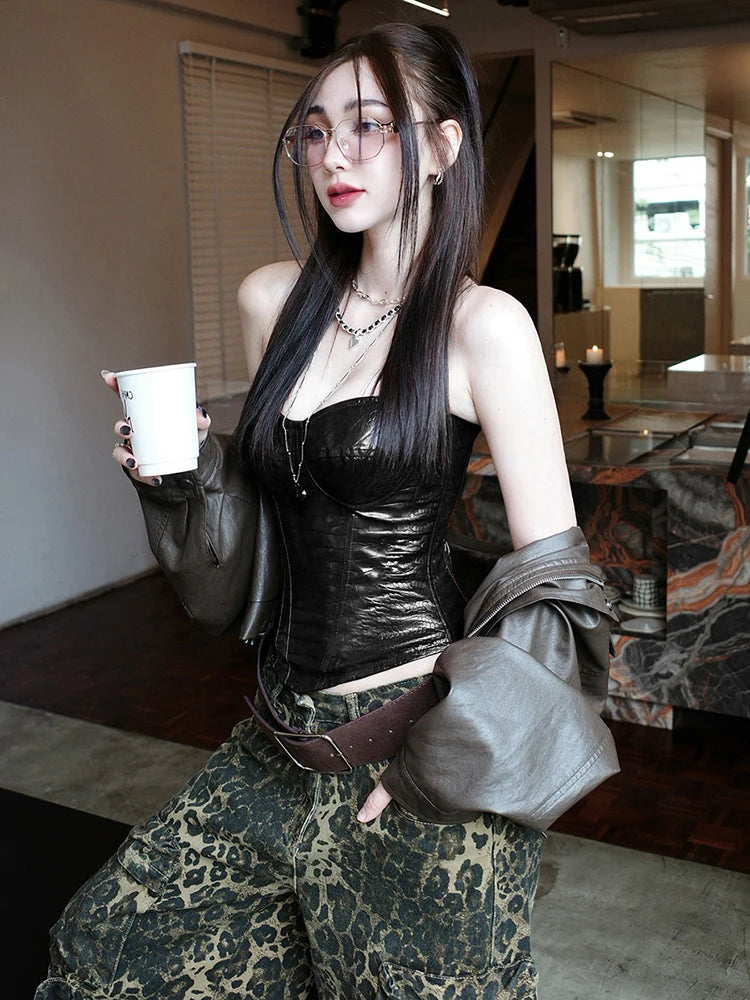 🌸 Canotta Donna in Pelle PU con Spalle Scoperte  Stile Street Fashion