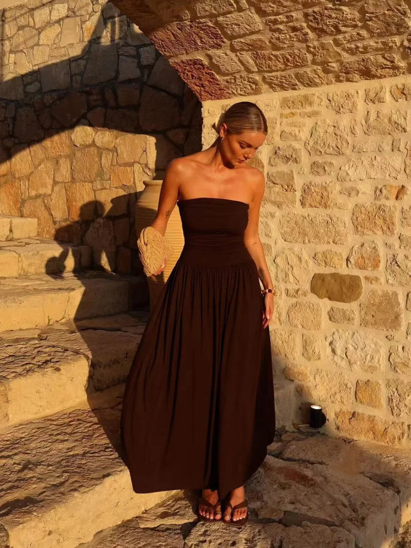 🌸 Abito Donna Senza Spalline con Pieghe  Stile Elegante