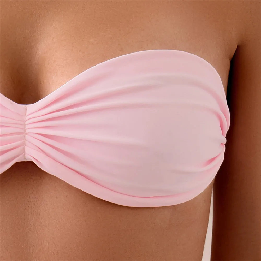 🌸 Bikini rosa a fascia da donna 2026 con nodo posteriore e dettagli arricciati