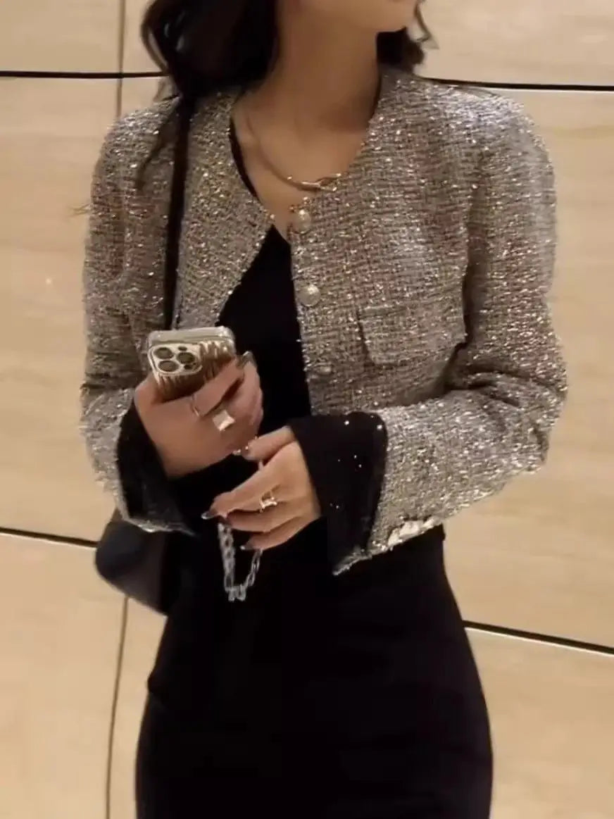 🌸 Blazer Corto Bouclé da Donna con Perline e Dettagli Glitter