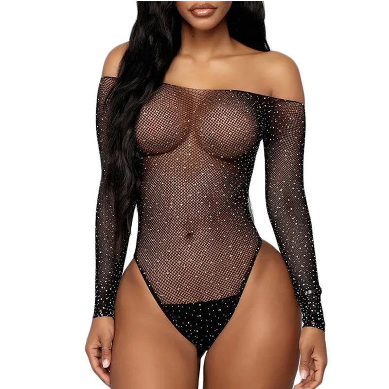 🌸 Body a rete nero con strass scintillanti – Lingerie sexy trasparente