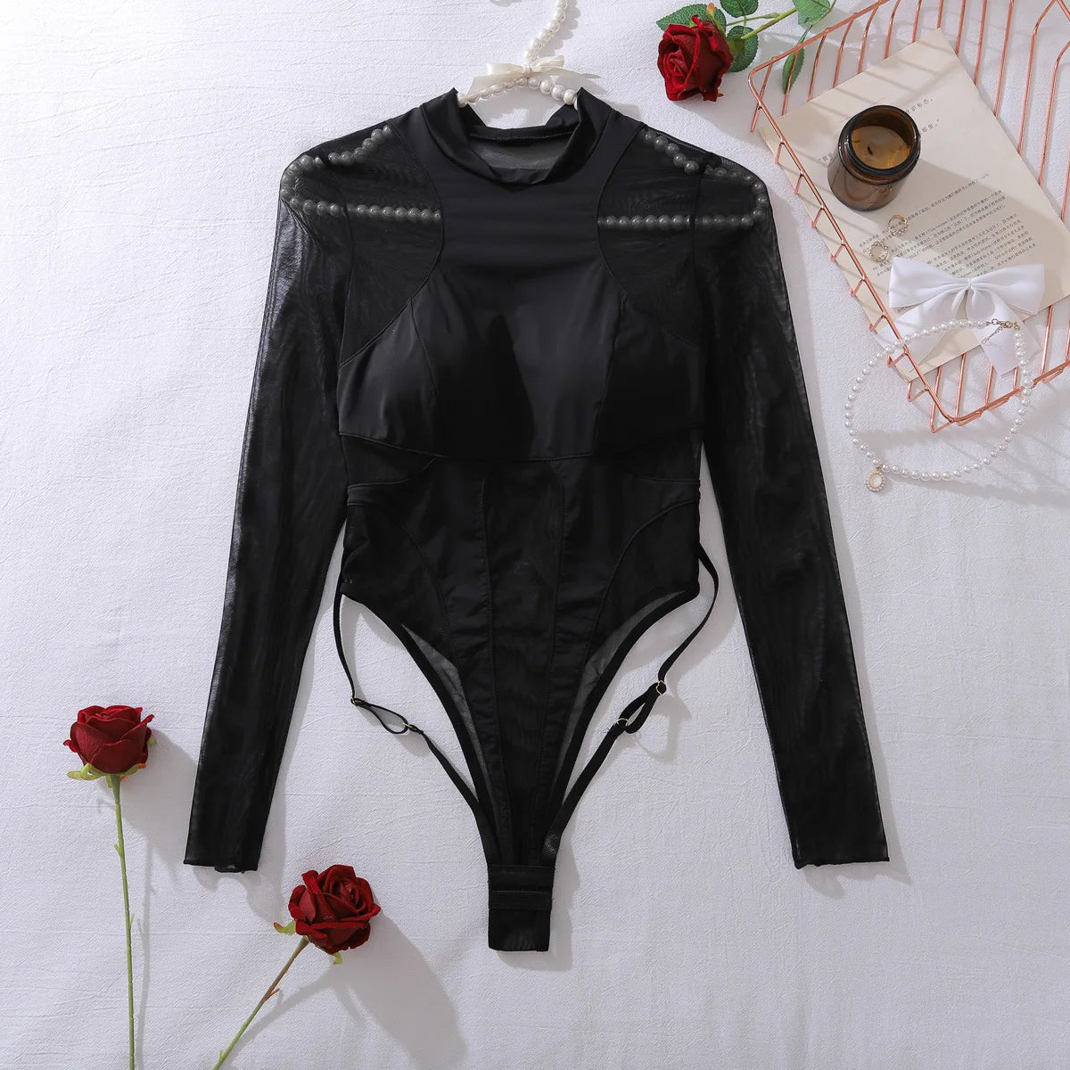 🌸 Body Lingerie Sensuale a Maniche Lunghe in Maglia Trasparente