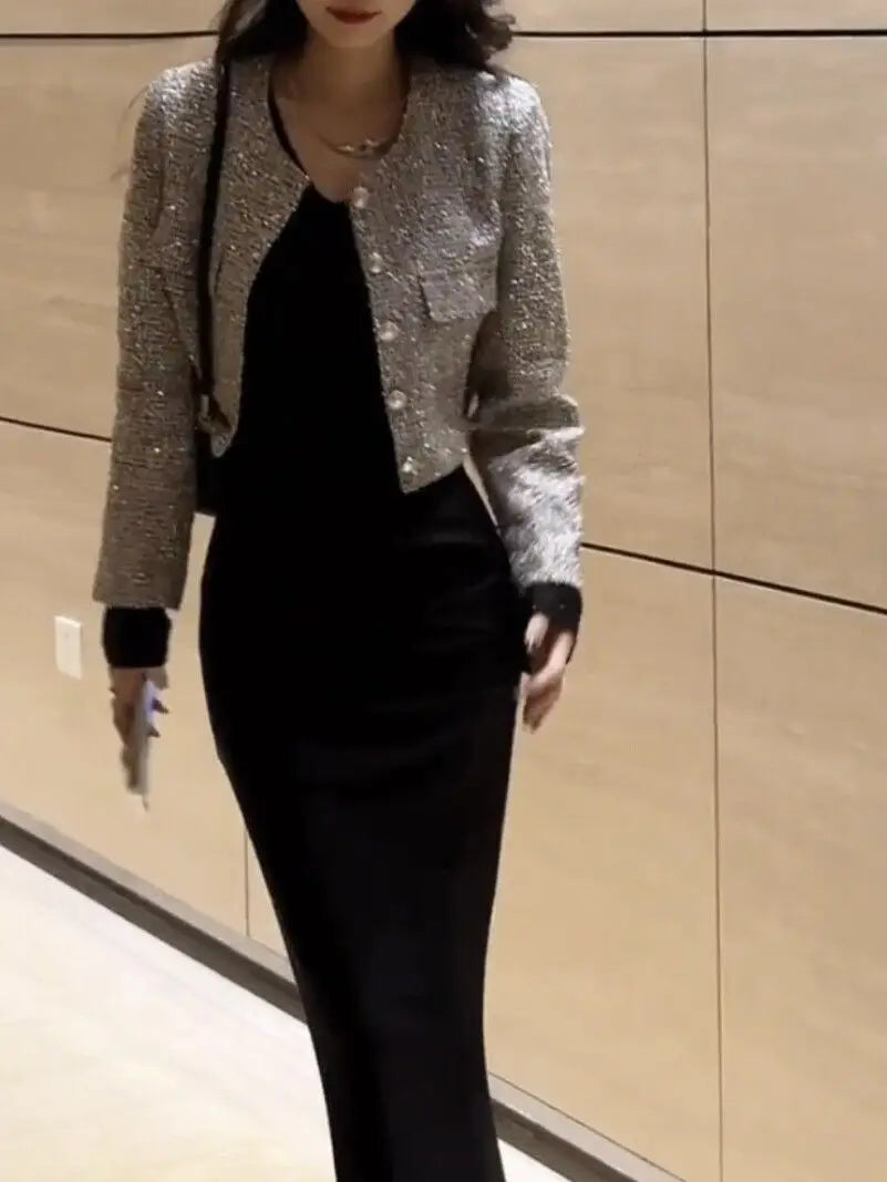 🌸 Blazer Corto Bouclé da Donna con Perline e Dettagli Glitter