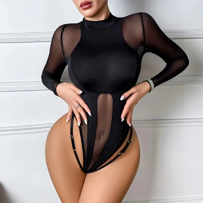 🌸 Body Lingerie Sensuale a Maniche Lunghe in Maglia Trasparente