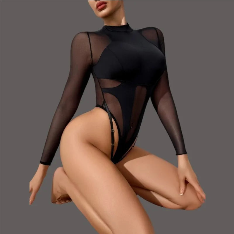 🌸 Body Lingerie Sensuale a Maniche Lunghe in Maglia Trasparente