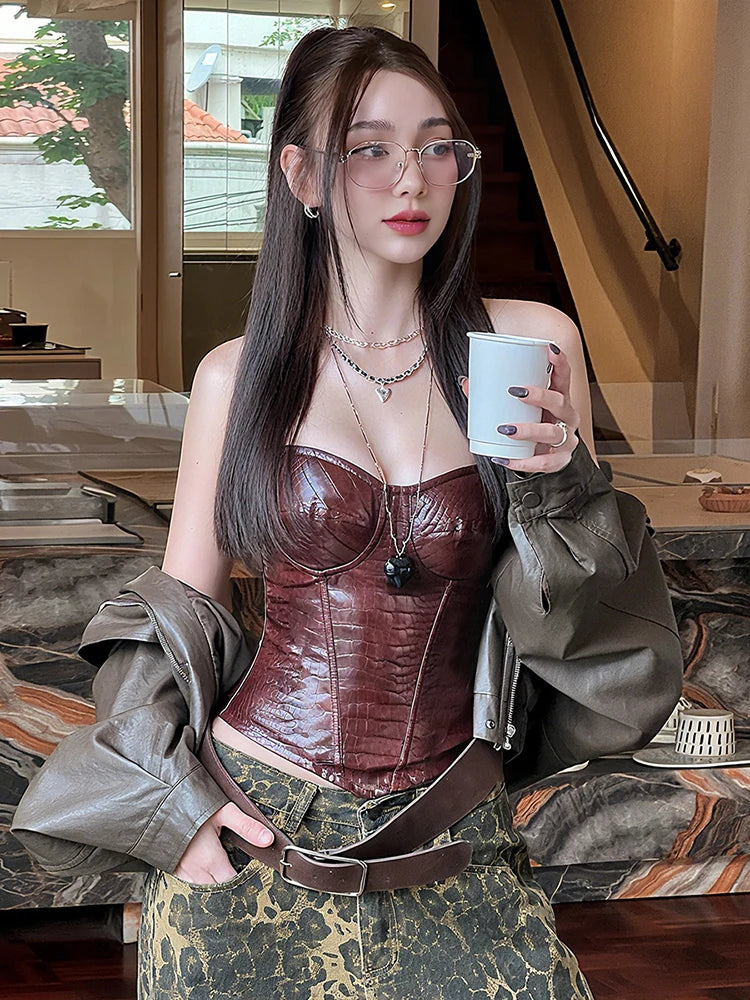 🌸 Canotta Donna in Pelle PU con Spalle Scoperte  Stile Street Fashion