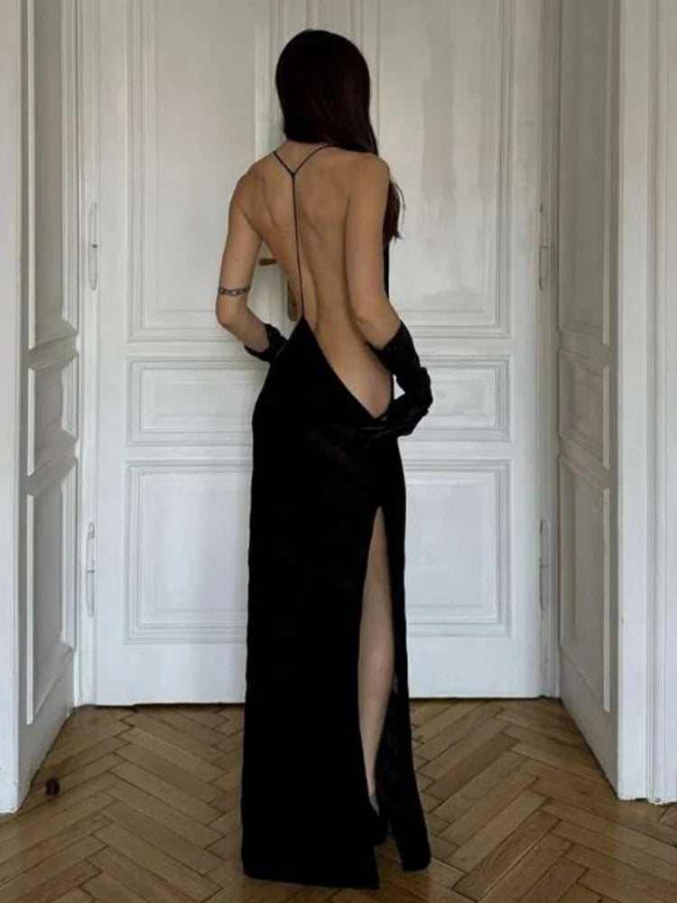 🌸 Abito lungo elegante da donna nero con schiena scoperta